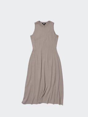 Uniqlo Ribbed Midi Dress Neutral Clean Girl Minimalist Sleeveless Stretch Knit S